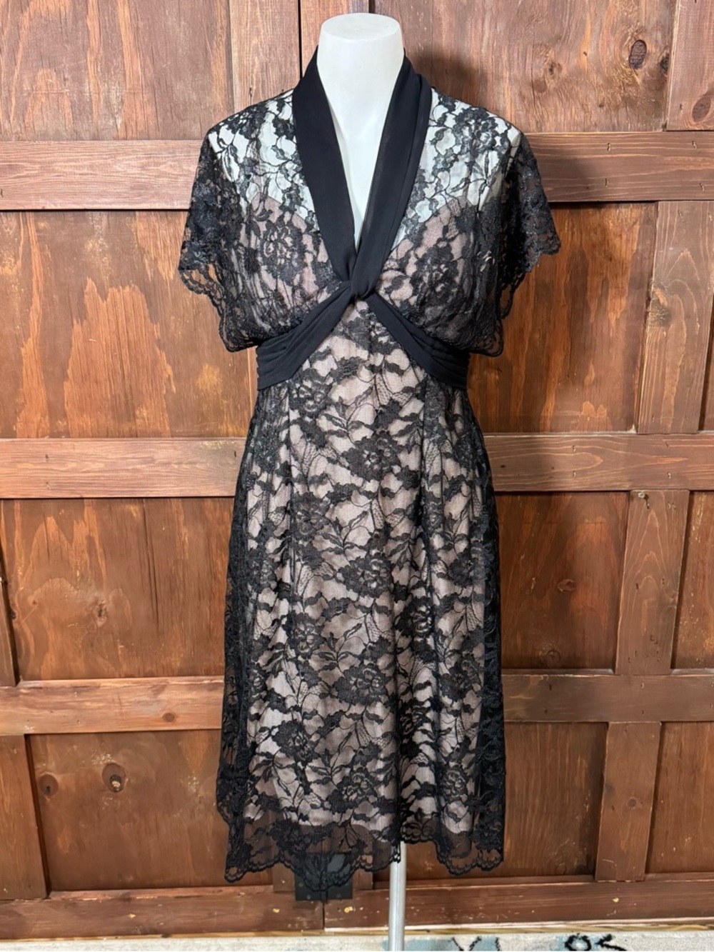 Adrianna Black Lace Midi Dress with Nude Illusion Lining